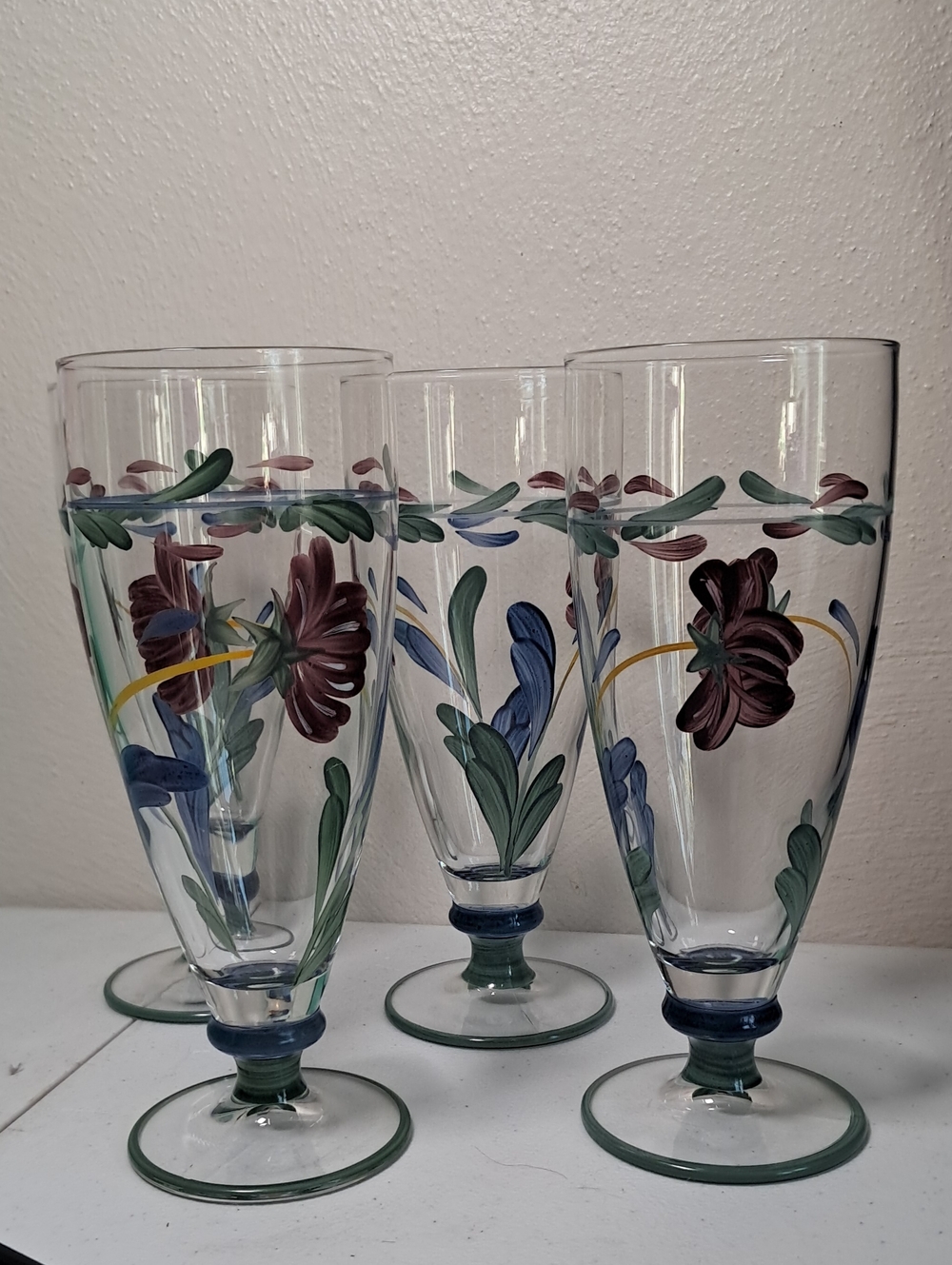 Lenox On Blue  Hand-Painted Floral Footed Glassware Set Iced Tea Glasses